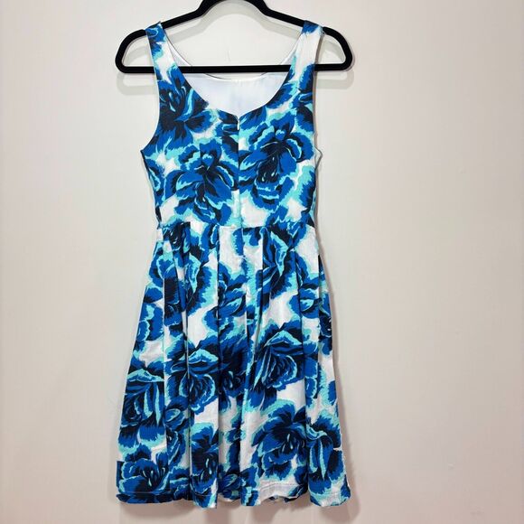 Porridge Anthropologie Blue Roses Floral Dress 2 Pleats Cottage Tea Garden Party - Picture 8 of 15